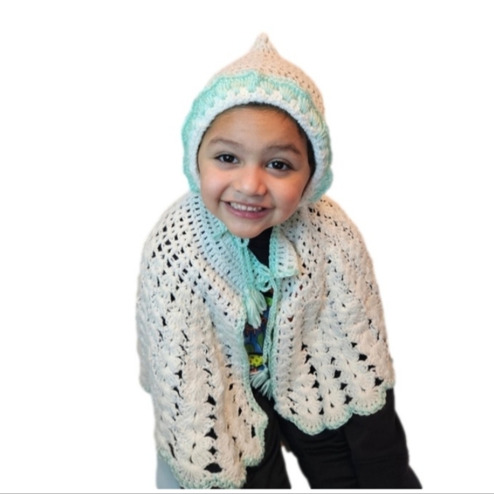 Hand Knit Crochet Set White and Green Cape and Hat